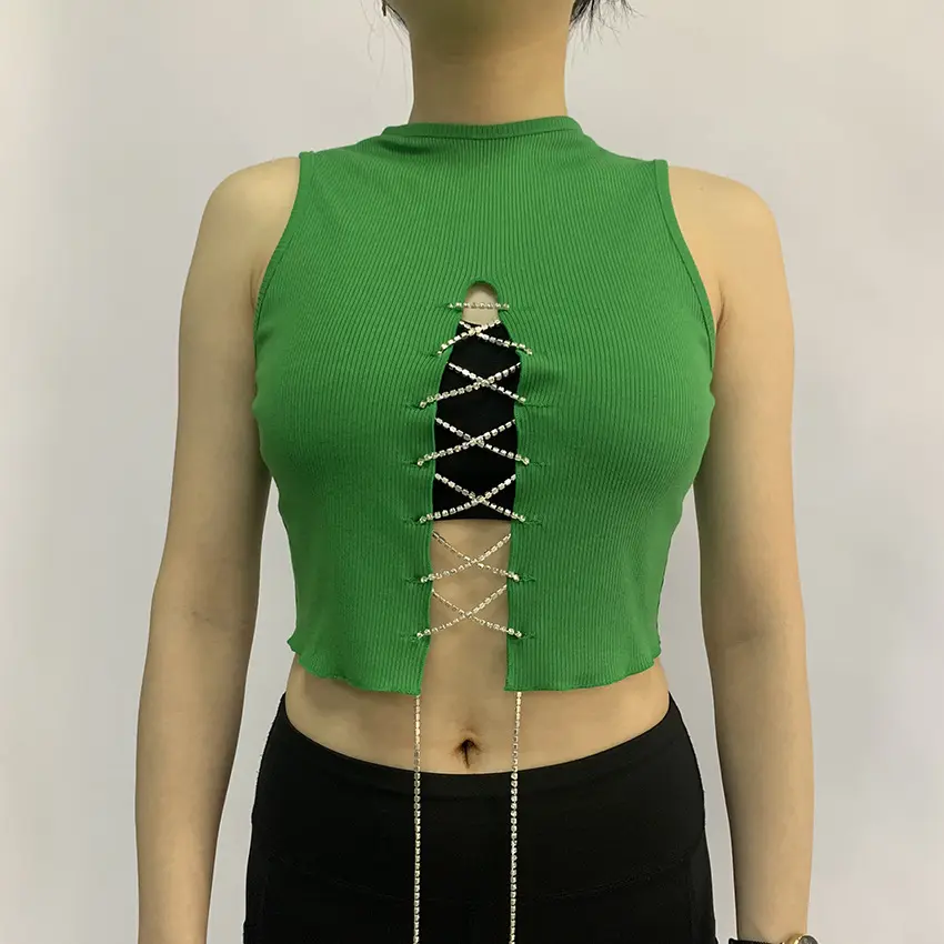 Mandy corto cuello redondo nuevo diseño camiseta delgada 2023 verano nueva cadena sexy verde sin mangas Top mujeres