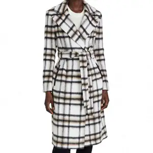 Dyed Plaid Check Stripe Women Coat with Two Flap Pockets Waistband Brushed Woven Yarn OEM Fashion Design Multicolor Casual Long