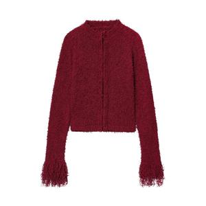 Красный вязаный укороченный кардиган с длинными рукавами и бахромой для женщин, повседневный модный свитер - Product Image 1