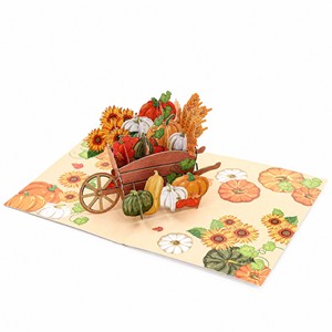 Carte de vœux pop-up Récolte d'automne, Citrouille, Tournesol, Chariot, Thanksgiving, Carte en papier faite main, Cadeau saisonnier personnalisé - Product Image 1