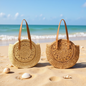 Borsa Tote Rotonda in Carta Intrecciata Traforata 45cm, Borsa da Spiaggia Estiva per Donna - Product Image 2