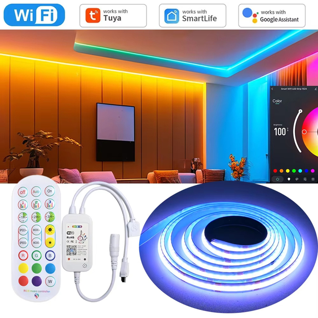 Tuya WiFi COB RGB LED Strip 12V 1m 2m 3m 5m 10m Dimmable Cabinet Bed Room Lighting RF Remote Control for Alexa Google Assistant