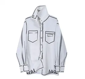 Fashion White Long Sleeve Turndown Collar Ladies Tops Blouse Line Printing Button Pockets Loose Shirts For Women