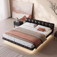 Lit double flottant en bois de luxe avec lumière douce pour chambre principale, cadre de lit moderne en cuir, lit king-size ou queen-size, cadre de lit design et confortable