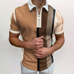 T-shirt décontracté d'été pour homme en polyester tricoté, imprimé rayures colorées, avec fermeture éclair à franges, respirant, manches courtes, 200g, devant - Product Image 3