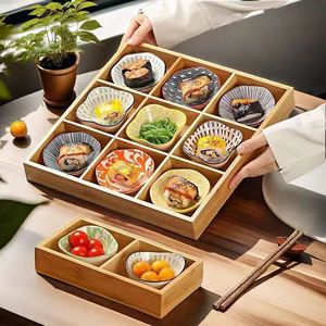 Bamboo Divided <b>Tray</b> Nine Compartment Serving Plate For Snacks Fruits <b>Tea</b> Coffee Desktop Use - Product Image 1