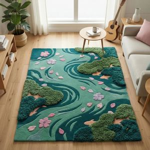 Teal Green Wool Area <b>Rug</b> Crafted with Moss Hand Tufted Floral River Artwork for Living Room Bedroom <b>Nursery</b> Kids Room Play Area - Product Image 1