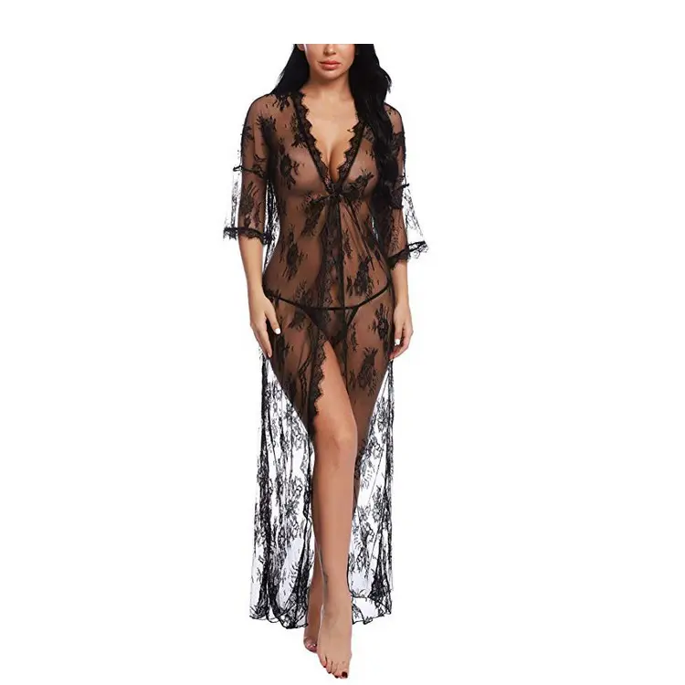 Venda quente Lace Long Sleeve Nightdress Sexy Lace Oco Camisola Transparente Long Lace Sleeve Nightwear Para As Mulheres