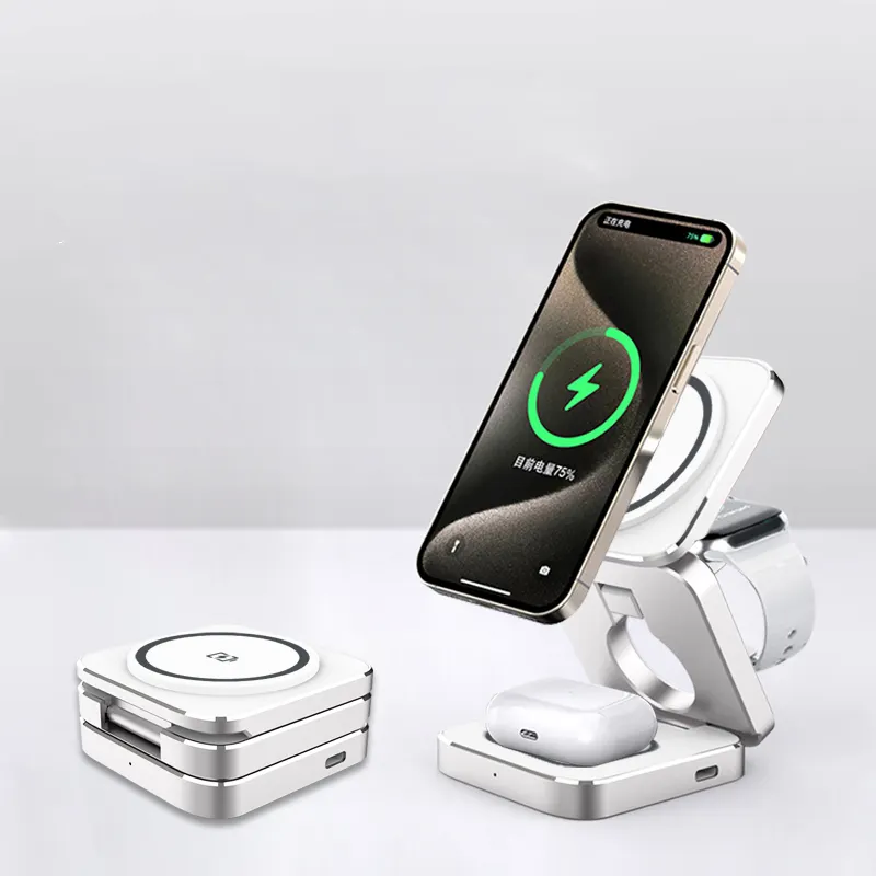 wireless charging stand 3 in 1 wireless charger Metal Qi Foldable station Travel Mobilephone Charging Folding Stand Holder