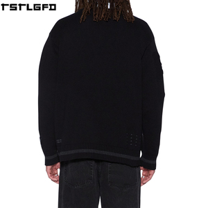 Cardigan en tricot coupé-cousu pour homme, noir, col en V, bordure côtelée contrastante, poche plaquée, style streetwear, pulls pour hommes, vente en gros pour fabricants - Product Image 2