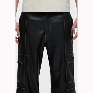 Stacked Style Black Leather Straight Leg Pants with Contrast <strong>White</strong> Stitching Side Patch <strong>Cargo</strong> Pockets Functional Pants Cool Men - Product Image 4