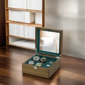 Caixa de joias de madeira com logotipo personalizado de luxo, display de 4 espaços para armazenamento de relógio e abotoaduras com chave, conjunto de chaveiro, oferta imperdível