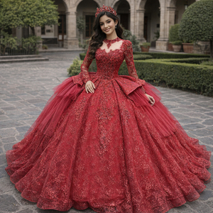 XS257 Luxurious High Neck Red Ruffle Ball Gown Beading Appliques Crystal Print <b>Sweet</b> 16 Girls Dress for Birthday <b>Party</b> - Product Image 1