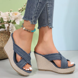Summer New Round Head Cross Canvas Slippers Women's Fashion Foreign Trade Plus Size Denim Straw Roman <b>Shoes</b> - Product Image 2