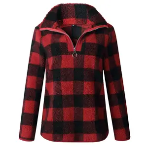 2020 großhandel Sherpa Fleece Mantel Turndown Kragen 1/4 Zipper Frauen Red Plaid Sherpa Pullover