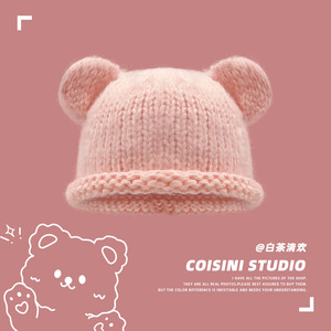 Lindo gorro de lana tejido con orejas de oso para mujer, gorro de invierno cálido a prueba de viento, gorro de ganchillo hecho a mano, azul, blanco, negro, rojo - Product Image 4