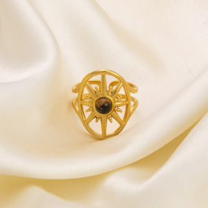 Anillo de Acero Inoxidable Abierto con Bisel de Estrella de Ocho Puntas Retro Europeo-Americano, con Piedra Natural, Joyería de Moda Unisex, Regalo - Product Image 4