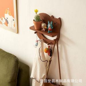 Cat Shaped Wall Mounted <b>Shelf</b> With <b>Hooks</b> For Keys Hats And Coats Entryway Storage Organizer Wooden Two Tier Design - Product Image 2
