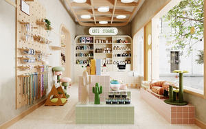 Conception d'intérieur personnalisée pour animalerie, mobilier pour salon de toilettage, aménagement de magasin de détail, solution d'aménagement moderne en bois crème pour animalerie - Product Image 2