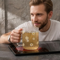 Mug en verre borosilicate de haute qualité imprimé Daisy de 500 ml avec poignée pour café, thé, jus et boissons glacées