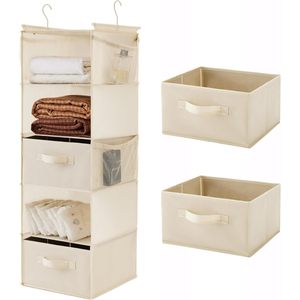 5 Tier Hanging Closet Organizer Beige Foldable Storage <b>Shelf</b> With <b>Hooks</b> For Bedroom Neatening - Product Image 1