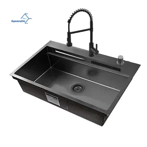 Multifunction 304 Stainless Steel Kitchen Sink Faucet Black Waterfall Rainfall Kitchen Sink Set