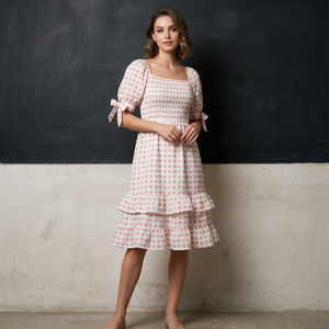 White Peach Dot Print Woven 100% Cotton Midi <b>Dress</b> Square Neck Puff Sleeve Ruched Asymmetrical Flared Hem <b>Elastic</b> Waist Casual - Product Image 1