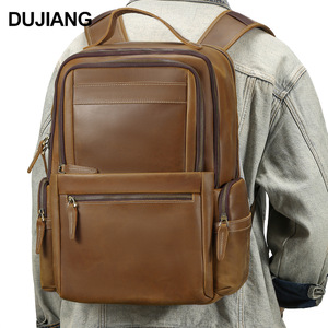 Dujiang Men's Leather <b>Backpack</b> 14 Inch Laptop Bag Large Capacity Business Travel Casual Outdoor <b>Backpack</b> <b>Brown</b> - Product Image 1