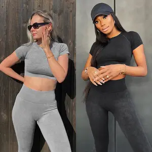 Factory OEM Retro Fashion Seamless Jeans Style Fitness Apparel, High Stretch Yoga Pants + Sports Top Tiktok Gym Suit for Women