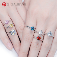 Bague solitaire GIGAJEWE classique à six griffes avec moissanite ronde colorée, plaqué or 18 carats, argent 925, 5 mm, 6,5 mm, 8 mm, 9 mm, bijoux