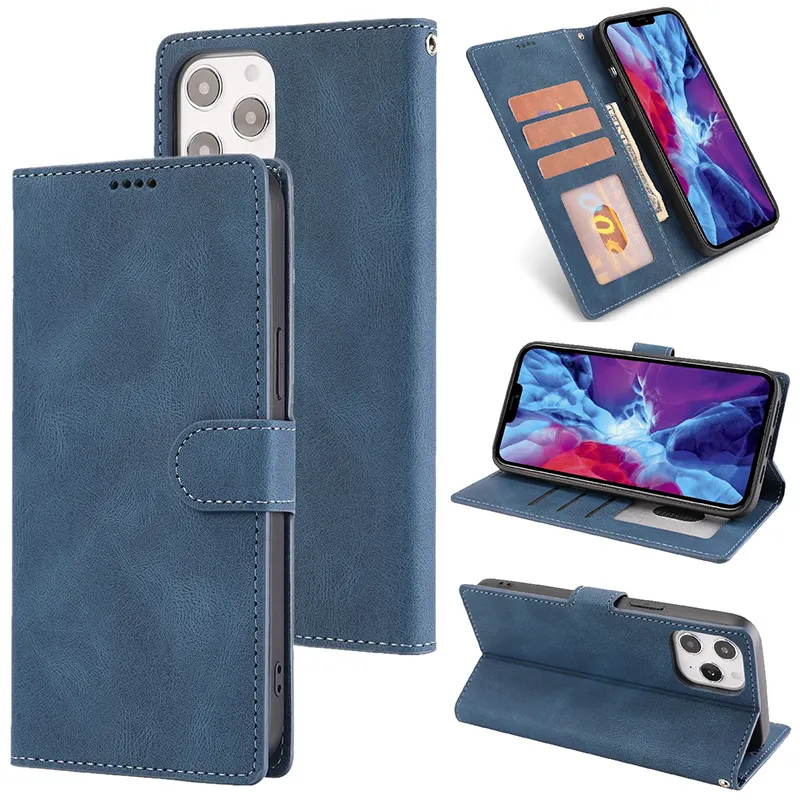Leather Phone Flip Covers Phone Wallet Case Credit Id Card Holder Phone Case With Strap