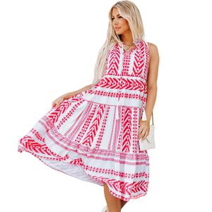 Vestido de Verano para Mujer, Nuevo, Sin Mangas, Estampado Geométrico, Cuello en V, Casual, Rosa, Tipo Sling - Product Image 1