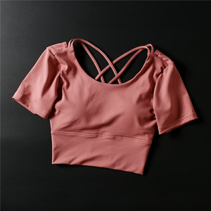 Tenue de yoga sexy pour femmes T-shirt de sport léger grande taille avec coussinets de poitrine nombril exposé à manches courtes haut de costume de fitness - Product Image 5