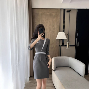 Professional Pencil Dress Women O-Neck Color Blocking Splicing Navy Blue Black Gray Polyester Career Work Uniforms - Product Image 4