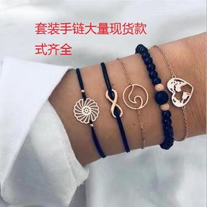 Beaded Bracelets Set Women's Alloy Gold Plated Bohemia Style Flower Heart <b>Map</b> Black Beads Gift Fashion Jewelry 2024 - Product Image 1