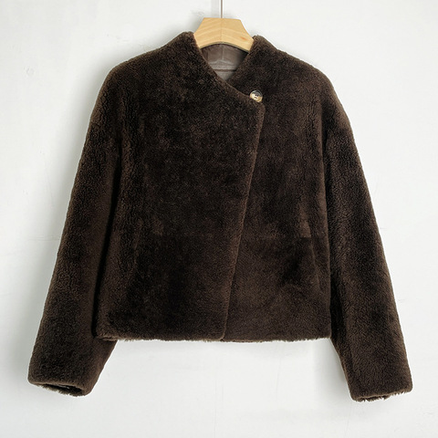 24002 Hot Sale Simple Style Real Fur Leather Coat Single Button Shearling Sheepskin Coat for Women Lady