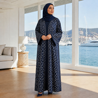 Abaya personnalisée ODM en tricot bleu marine pour femme, motif quadrillé, devant ouvert, manches longues, robe kaftan musulmane, tenue modeste du Moyen-Orient, OEM