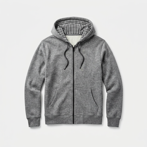 เสื้อฮู้ดซิปผู้ชายสีเทาเฮเธอร์ ลายสก็อตบุซับใน มีกระเป๋าข้าง - Product Image 1