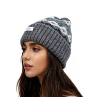 Bonnet d'hiver en jacquard avec logo, mélange de laine, tricot texturé élégant, bonnet souple unisexe à revers pour le ski