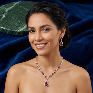 Rhodium Plated Brass Classic Wedding & Anniversary Jewelry Set Luxury <b>Ruby</b> Teardrop CZ Choker <b>Necklace</b> Earrings Set for Women - Product Image 1