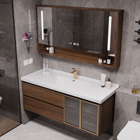 Ensemble de meuble-lavabo mural moderne en MDF laqué noyer avec miroir intelligent intégré et vasque en céramique