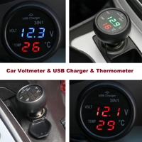 Moniteur de batterie de voiture 3-en-1 : Voltmètre numérique LED, Port de charge USB et Thermomètre, Adaptateur allume-cigare USB