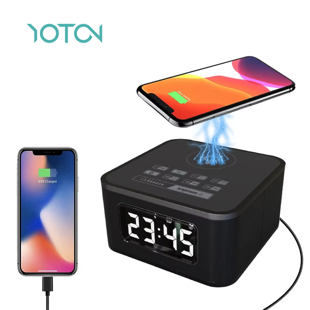 Smart Electric Table Clock with LCD FM Radio Bluetooth Speaker 5W/10W Wireless Charger for Office Use