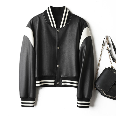 3160 Wholesale Custom Bike Jacket Fashion Ladies Long Sleeves Casual Genuine Leather Baseball Jacket