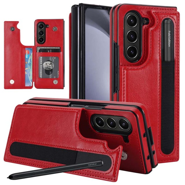 Shockproof Kickstand Folding Wallet PU Leather Phone Case with S Pen Card Holder Wrist Strap for Samsung for Galaxy Z Fold5