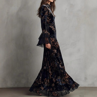 Robe Vintage Femme en Velours à Imprimé Floral, Élégante, Col Semi-Montant, Manches Longues, Bordure en Dentelle, Robe Moulante, Robe Longue Décontractée Tendance