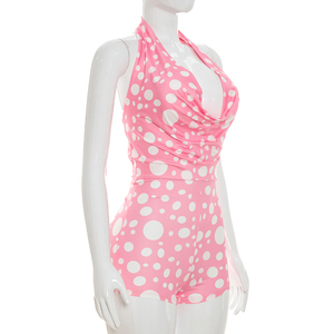 Viviblook J26RP211 Combinaison d'été sexy sans manches à dos nu et bretelles, imprimé pois, moulante, une pièce pour femme - Product Image 4