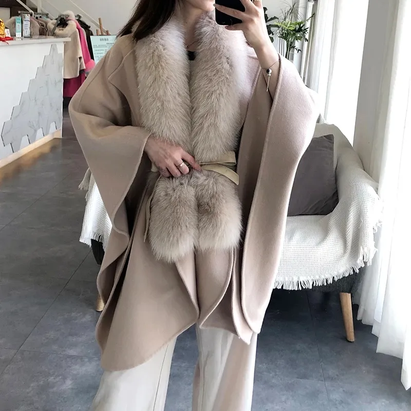 New Women Winter Warm Wool Cashmere Blended Coats Plus Size Bat Sleeve Belted Jackets Cloak Outerwear Capes with Real Fur Collar