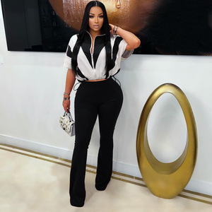 Peeqi G0732 Set Casual Autunnale da <span class=keywords><strong>Donna</strong></span>, Completo Due Pezzi con Pantaloni, <span class=keywords><strong>Tuta</strong></span> <span class=keywords><strong>Sportiva</strong></span> con Cerniera e Patchwork, Outfit Femminile - Product Image 1