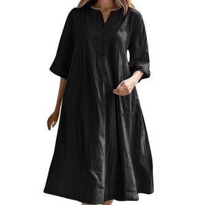 <span class=keywords><strong>Vestido</strong></span> de Mujer 2025 de Algodón y Lino con Cuello en V, Botones, <span class=keywords><strong>Media</strong></span> <span class=keywords><strong>Manga</strong></span>, Alta Calidad, Talla Grande, Holgado, con Bolsillos, Informal y Moderno - Product Image 3